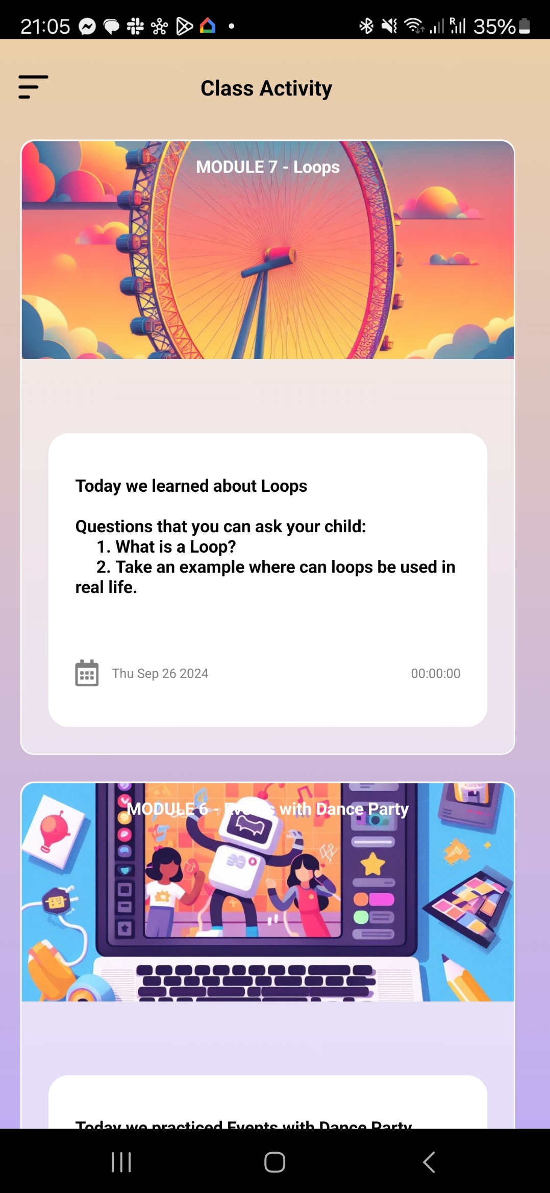 Digital School parent app showing a loops lesson update and two suggested questions: what is a loop, and where can loops be used in real life?